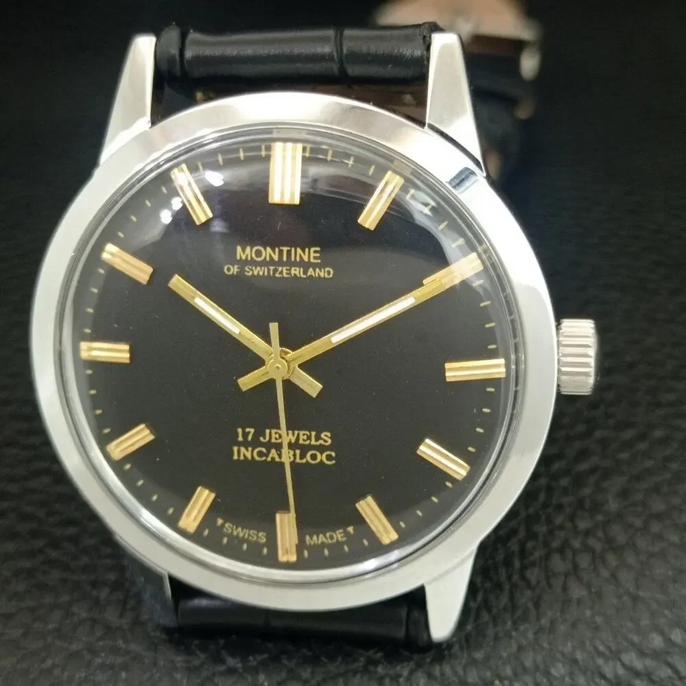 Vintage 1976 Montine Of Switzerland Manual Mens Silver Watch W/Leather Strap